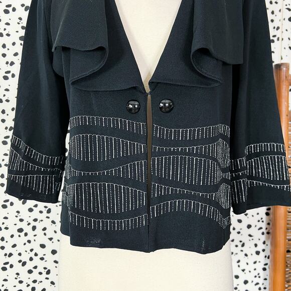 NEW Ming Wang | Silver Embroidered Black Knit 3/4 Sleeve Cardigan Jacket S NWT - Picture 3 of 9